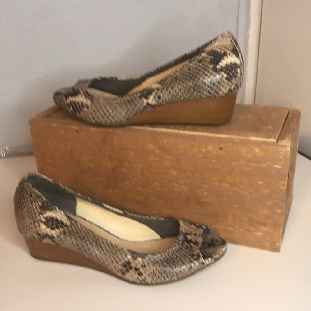 Cole Haan Snakeskin Peep-Toe Wedge Pumps in Brown and Tan